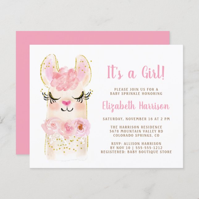 Budget Llama rose Baby Girl Sprinkle Invitation (Devant / Derrière)