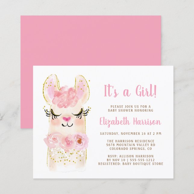 Budget Llama rose bébé fille douche Invitation (Devant / Derrière)