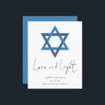 Budget Love Light Star de David Hanoukka Card<br><div class="desc">Love Light Star de David Hanoukka Card. Un prix économique SMALLER 4.5" x 5.6" carte plate sur un stock de carte SEMI GLOSS 110 lb brillant (semblable à l'épaisseur d'une carte postale) VEUILLEZ NOTER : L'enveloppe fournie avec cette carte est légèrement plus grande que la carte elle-même. Style minimaliste contemporain...</div>