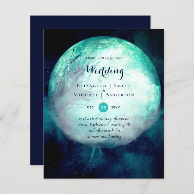 BUDGET Lune Turquoise Gothique Mariage Invitation (Devant / Derrière)