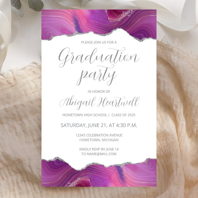 Budget Magenta Argent Agate Grad Party Invitation (Créateur téléchargé)