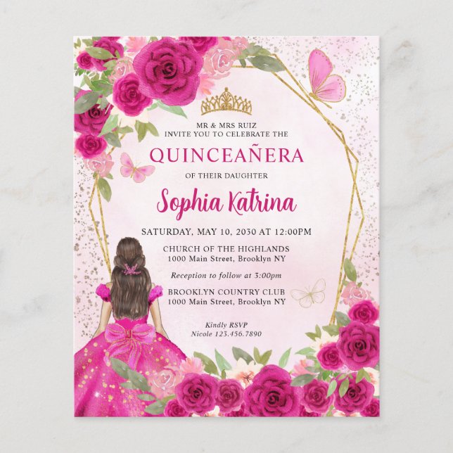 Budget Magenta Gold Floral Princesse Quinceañera (Devant)