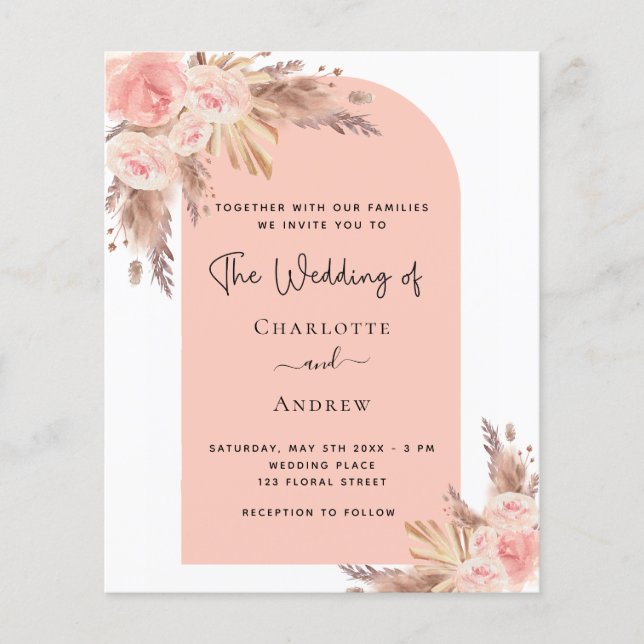 Budget mariage blush pampas herbe rose invitation (Devant)