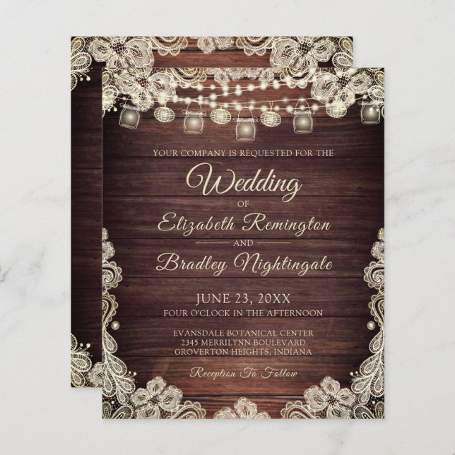 Budget Mariage Bois Jars Ivory Lace Invitation (Devant / Derrière)