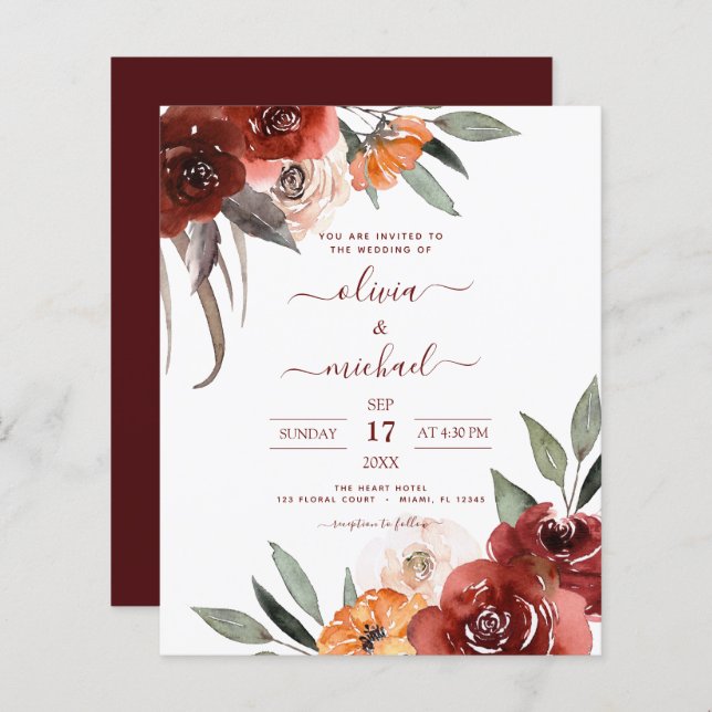 Budget Mariage de automne Bourgogne Floral (Devant / Derrière)