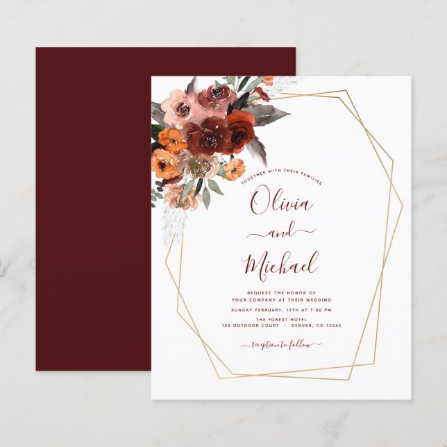 Budget Mariage de automne Bourgogne Gold Floral (Devant / Derrière)