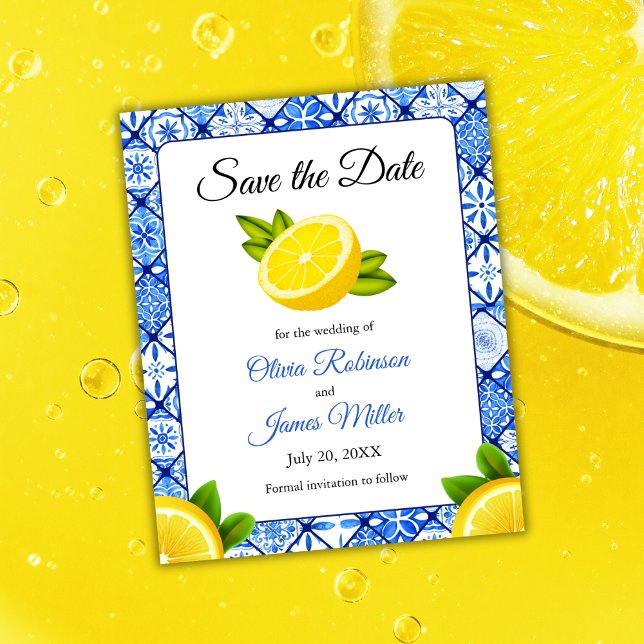 Budget Mariage de citron méditerranéen Enregistrer (Budget Mediterranean Italian Blue Tile Lemon Wedding Save The Date )