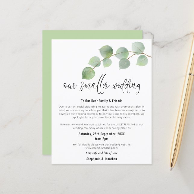 Budget Mariage petit Faire-part Eucalyptus (Devant/Arrière en situation)