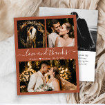 Budget Mariage Photo Carte de remerciements en ter<br><div class="desc">Budget, Moderne, Élégant Mariage Lettré en Terracotta 3 Photo Collage Merci personnalisé abordable carte mince à petit budget. Modèle minimaliste mariage avec trois (3) photos à l'avant et une (1) photo à l'arrière. Avec le texte "Amour et merci" dans une tourbillonnant police de script de typographie lettrée à la main...</div>