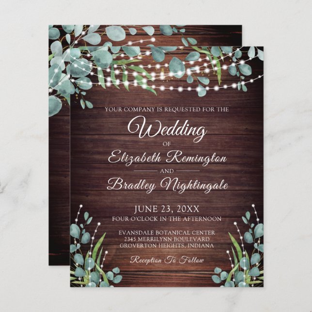 Budget Mariage Rustic Wood Lights Invitation vert (Devant / Derrière)