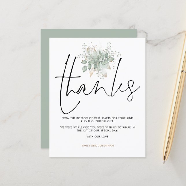 Budget Mariage Sage Foliage Gold Script Merci (Devant/Arrière en situation)