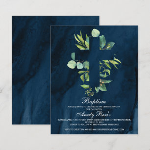 Budget Marine Bleu & Feuille Cross Baptism Invitat