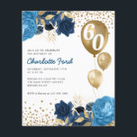 Budget Marine Bleu Floral or Ballons Anniversaire<br><div class="desc">Moderne Elégant Design Glam Navy Bleu Aquarelle Floral Or Parties scintillant Balloons étincelants N'importe quel âge Adulte Anniversaire Invitation</div>