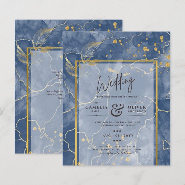 BUDGET Marine Bleu Gold ENK Mariage Abstrait INVIT (Devant / Derrière)