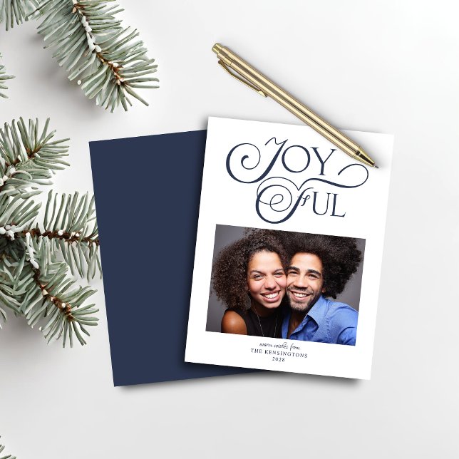 Budget Marine Bleu Noël Joyeux Noël Photo (Budget Navy Blue Christmas Joyful Christmas Photo Card)