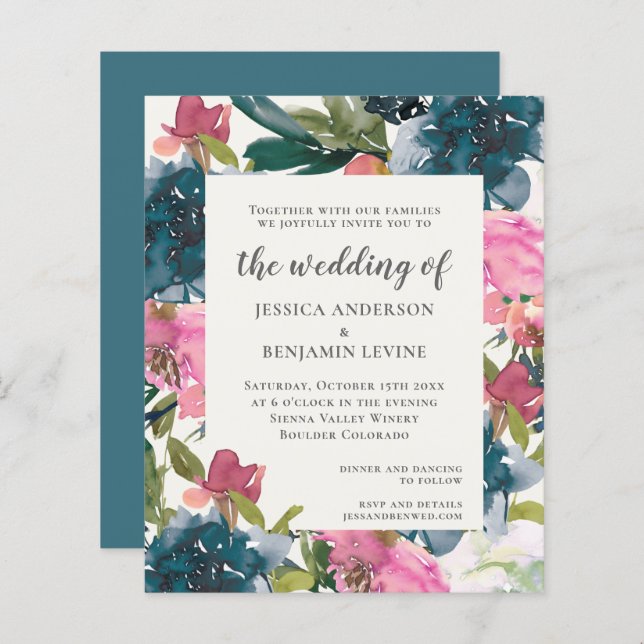 Budget Marine Blue Floral Aquarelle Mariage Invita (Devant / Derrière)