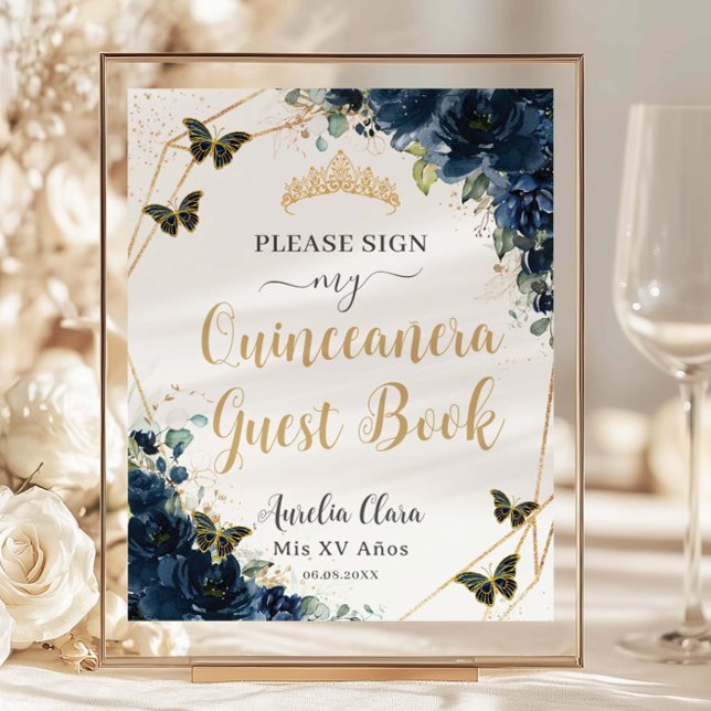 Budget Marine Blue Floral Quinceanera 16 Livre d'o (navy-blue-floral-butterflies-gold-tiara-quinceanera-sweet-16-birthday-party-cheap-guest-book-signage)