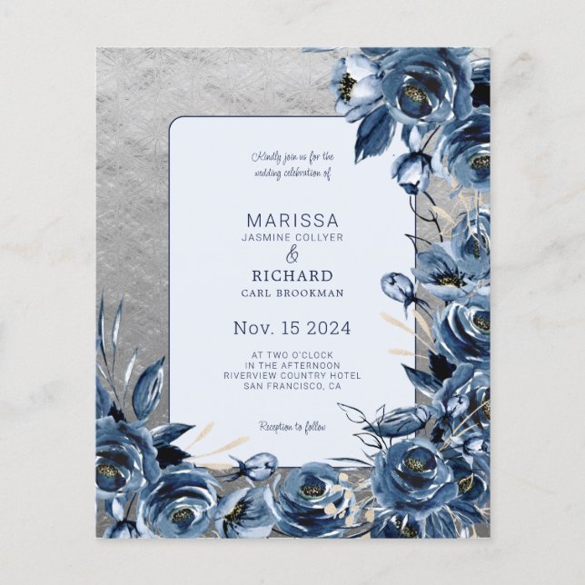 Budget Marine Blue Floral Silver Faire-part de mar (Devant)