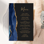 Budget Marine Blue Gold Agate Dark Mariage Menu<br><div class="desc">Le bord gauche de cet élégant menu mariage moderne comporte une bordure en aquarelle bleu marine ornée d'une parties scintillant en faux or. Le texte personnalisable combine un script d'écriture manuscrite de couleur or et des polices de cuivre sur un arrière - plan non noir. L'envers est assorti d'un design...</div>