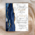 Budget Marine Blue Gold Agate Marbre Mariage Invit<br><div class="desc">Le bord gauche de cette élégante faire-part de mariage moderne est orné d'une bordure en aquarelle bleu marine ornée d'une parties scintillant en faux or. Le texte personnalisable combine écriture manuscrite de couleur or avec cuivre noir et polices italiques sur un arrière - plan en marbre blanc et gris. L'envers...</div>