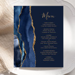 Budget Marine Blue Gold Agate Mariage Menu<br><div class="desc">Le bord gauche de cet élégant menu mariage moderne comporte une bordure en aquarelle bleu marine ornée d'une parties scintillant en faux or. Le texte personnalisable combine écriture manuscrite de couleur or et polices de cuivre sur un arrière - plan bleu marine. L'envers est assorti d'un design d'agate bleu marine...</div>