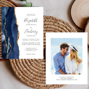 Budget Marine Blue Gold Agate Photo Wedding Invita