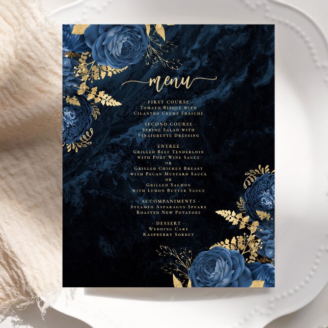Budget Marine Blue Gold Floral Mariage Menu (Créateur téléchargé)