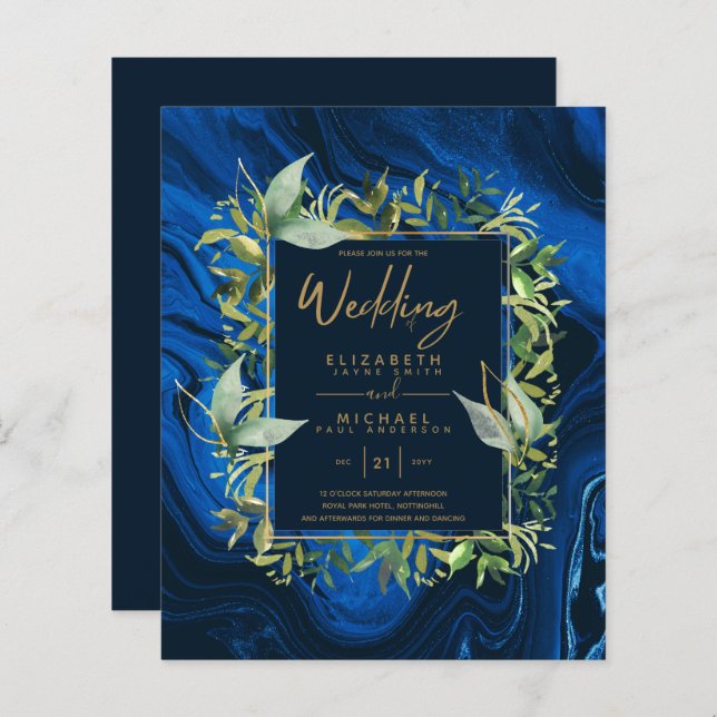 BUDGET Marine Blue Gold Greenery Mariage Invite (Devant / Derrière)