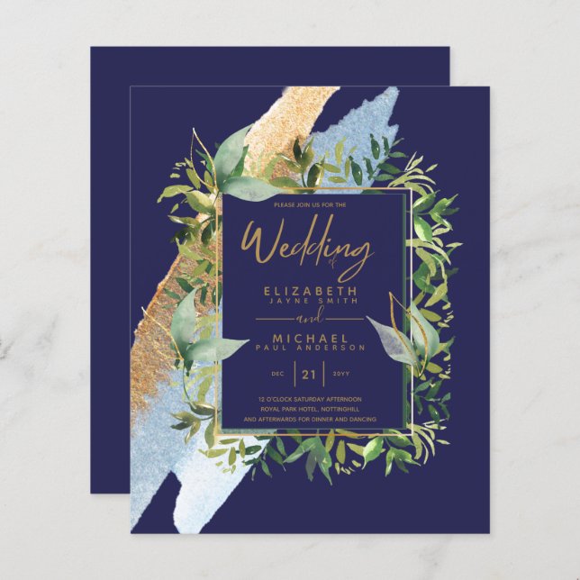 BUDGET Marine Blue Gold Greenery Mariage Invite (Devant / Derrière)
