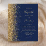 Budget Marine Blue Gold Parties scintillant Faire-<br><div class="desc">Le bord gauche de cette élégante faire-part de mariage moderne est orné d'une bordure de parties scintillant en faux or. Le texte personnalisable combine écriture manuscrite couleur or pâle,  cuivre et polices italiques sur un arrière - plan bleu marine. L'envers est assorti d'un bleu marine et d'un design doré.</div>