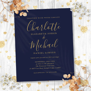 Budget Marine Blue Gold Script Faire-part de maria