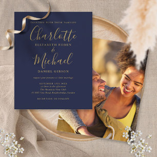 Budget Marine Blue Gold Script photo de mariage In