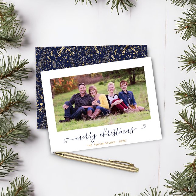 BUDGET Marine Blue Gold Script Photo de Noël (BUDGET Navy Blue Gold Script Christmas Photo Card)