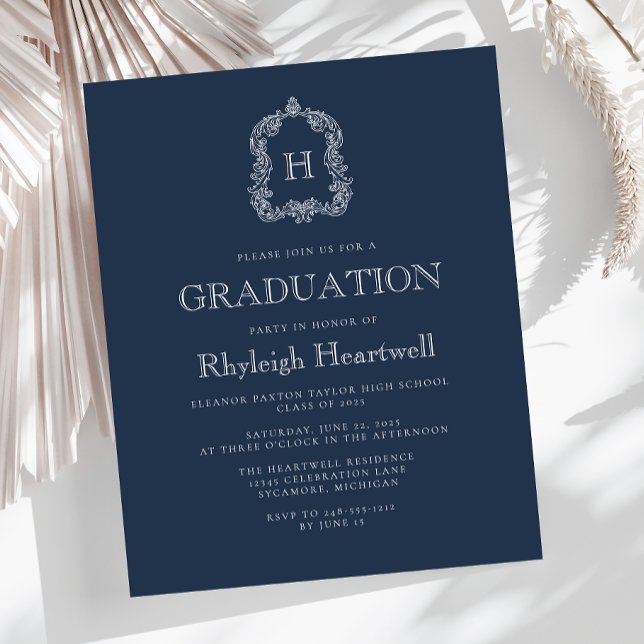 Budget Marine Blue Monogram Crest Graduation Party (Créateur téléchargé)