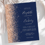 Budget Marine Blue Peach Faux Parties scintillant<br><div class="desc">Le bord gauche de cette élégante faire-part de mariage moderne est orné d'une bordure en faux parties scintillant pêche. Le texte personnalisable combine écriture pêche pâle,  cuivre et italique sur un arrière - plan bleu marine. L'envers est assorti d'un bleu marine et d'une parties scintillant de pêche.</div>