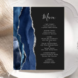 Budget Marine Blue Silver Agate Dark Mariage Menu<br><div class="desc">Le bord gauche de cet élégant menu mariage moderne comporte une bordure en aquarelle bleu marine ornée d'une parties scintillant en faux argent. Le texte personnalisable combine écriture manuscrite et polices de caractères en gris argenté sur un arrière - plan non noir. L'envers est assorti d'un design d'agate bleu marine...</div>