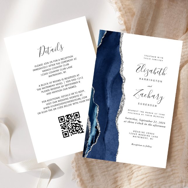 Budget Marine Blue Silver Agate QR Code Mariage (Créateur téléchargé)