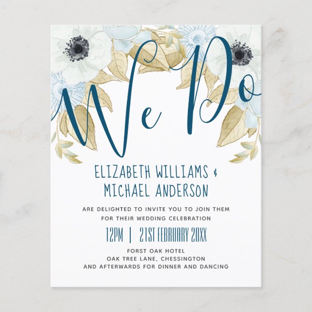 Budget Marine Bue White Anemone Mariage Invitation (Devant)