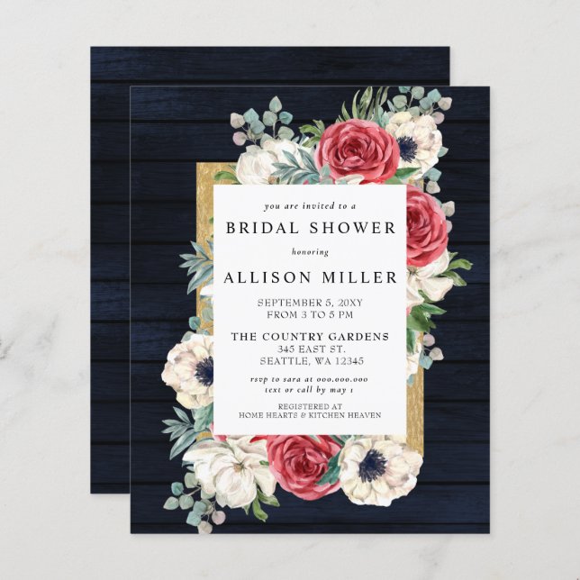 Budget Marine Floral Bridal Show Invitation (Devant / Derrière)