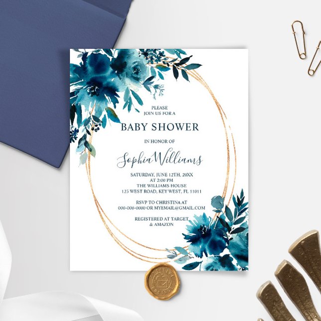 Budget Marine Flowers & Gold Baby shower Invitatio (Créateur téléchargé)
