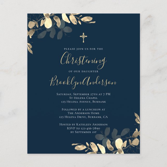 Budget Marine Gold Eucalyptus Christening Invitati (Devant)