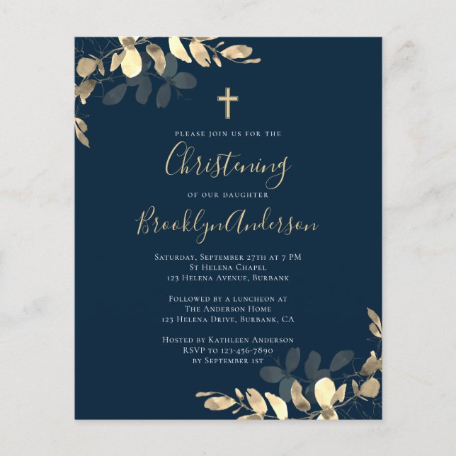 Budget Marine Gold Eucalyptus Christening Invitati (Devant)