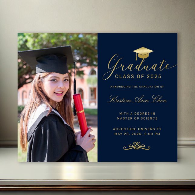 Budget Marine Gold Formal Script Photo Graduation (Budget Navy Blue Gold Formal Script Photo Graduation Announcement)