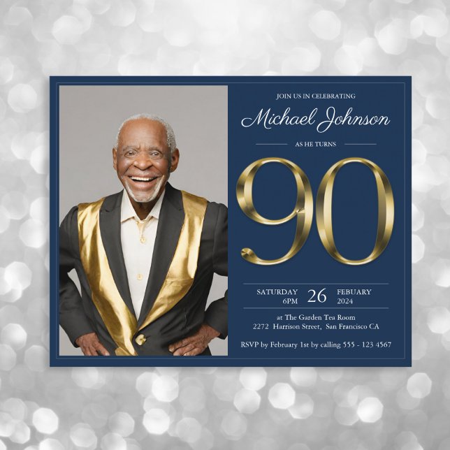 Budget Marine Gold Photo 90th Birthday Invitation (Mockup View)