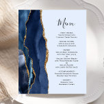 Budget Marine Light Blue Gold Agate Mariage Menu<br><div class="desc">Le bord gauche de cet élégant menu mariage moderne comporte une bordure en aquarelle bleu marine ornée d'une parties scintillant en faux or. Le texte personnalisable combine écriture manuscrite bleu marine et polices de cuivre sur un arrière - plan bleu pastel clair. L'envers est assorti d'un design d'agate bleu marine...</div>
