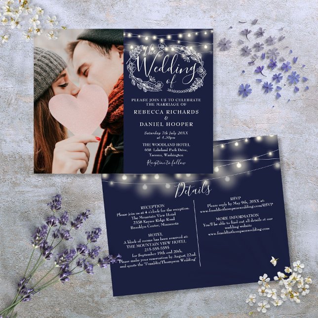 Budget Marine Lumières Bleues Photo Mariage Invita (Budget Navy Blue Lights Photo Wedding Invite)