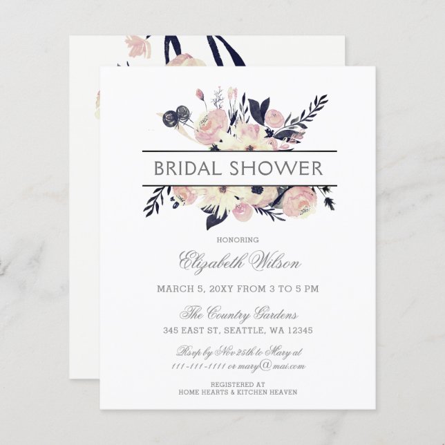 Budget Marine rose Floral nuptiale Invitation (Devant / Derrière)