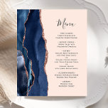 Budget Marine Rose Gold Agate Blush Mariage Menu<br><div class="desc">Le bord gauche de cet élégant menu mariage moderne comporte une bordure en aquarelle bleu marine ornée d'une parties scintillant en or rose. Le texte personnalisable combine écriture manuscrite et polices cuivre en gris fusain sur un arrière - plan rose vif. L'envers est assorti d'une agate bleu marine et d'or...</div>