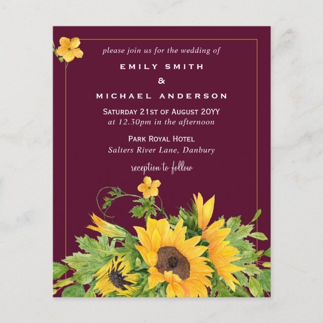 Budget Maroon Jaune Tournesols Mariage Invite (Devant)