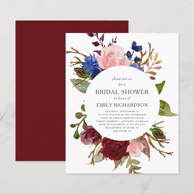 Budget Marsala Floral nuptiale Invitation (Devant / Derrière)